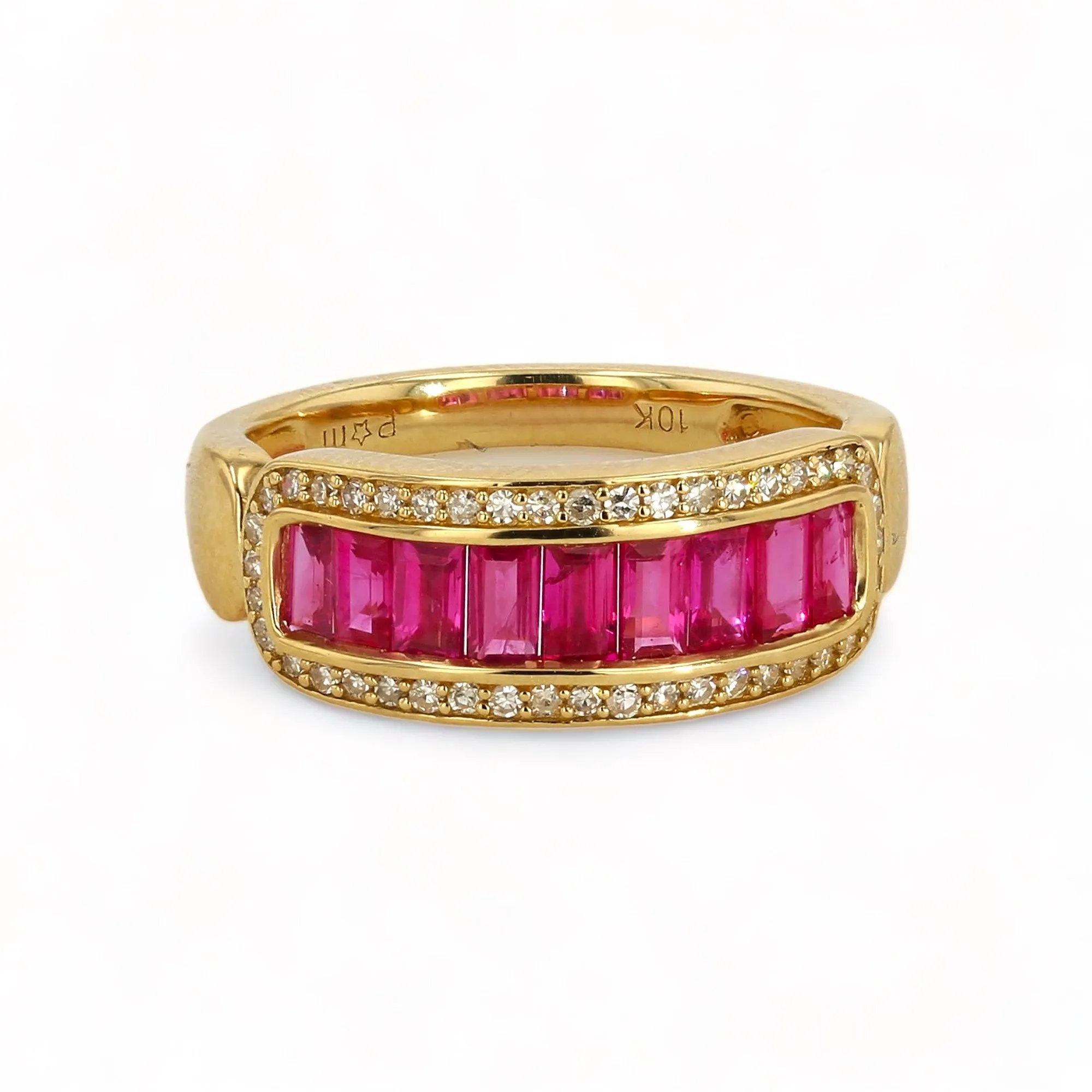 10k Yellow gold baguette ruby and diamonds ring-31758l