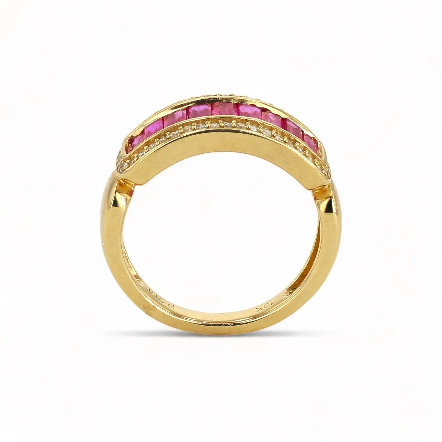 10k Yellow gold baguette ruby and diamonds ring-31758l