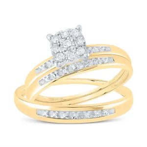 10kt Yellow Gold His Hers Round Diamond Cluster Wedding Set - A Timeless Union of Love