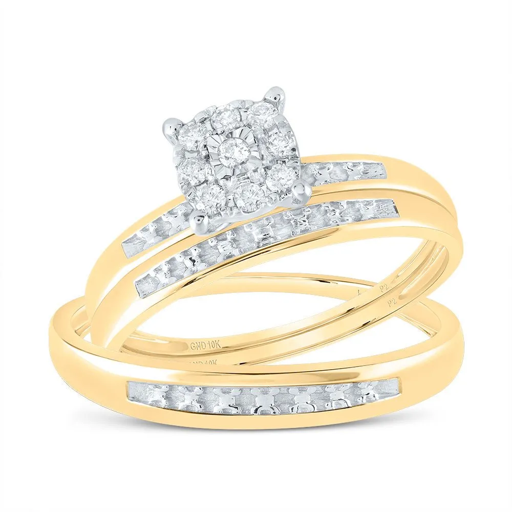 10kt Yellow Gold His Hers Round Diamond Cluster Wedding Set - A Timeless Union of Love
