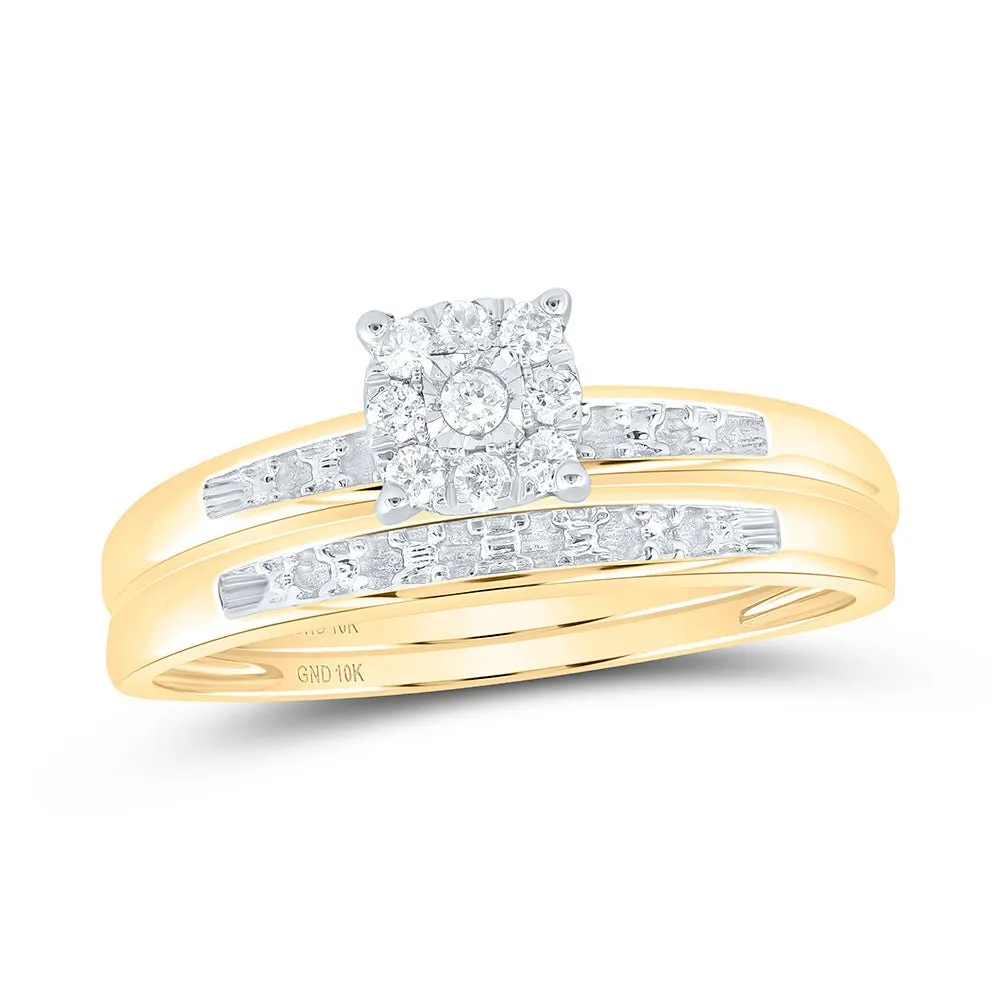 10kt Yellow Gold His Hers Round Diamond Cluster Wedding Set - A Timeless Union of Love
