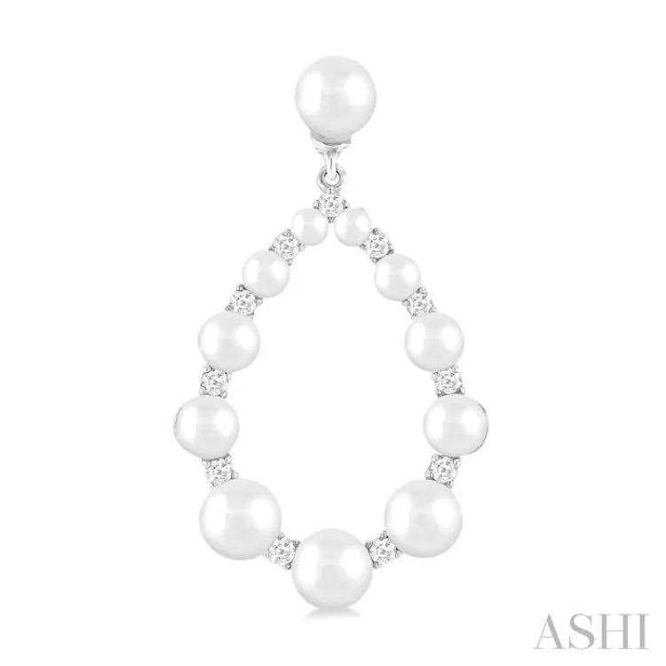 1/4 Ctw Tear Drop 2 MM-4.5 MM Cultured Pearls and Round Cut Diamond Fashion Earring in 14K White Gold