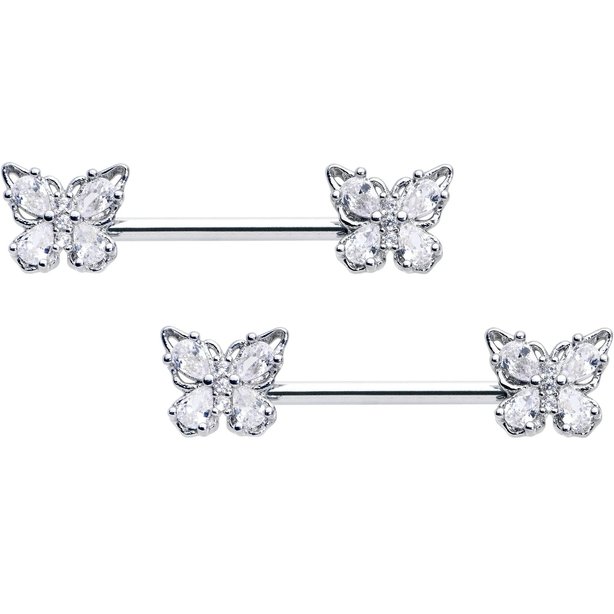 14 Gauge 9/16 Clear Gem Baroque Beauty Butterfly Barbell Nipple Ring Set