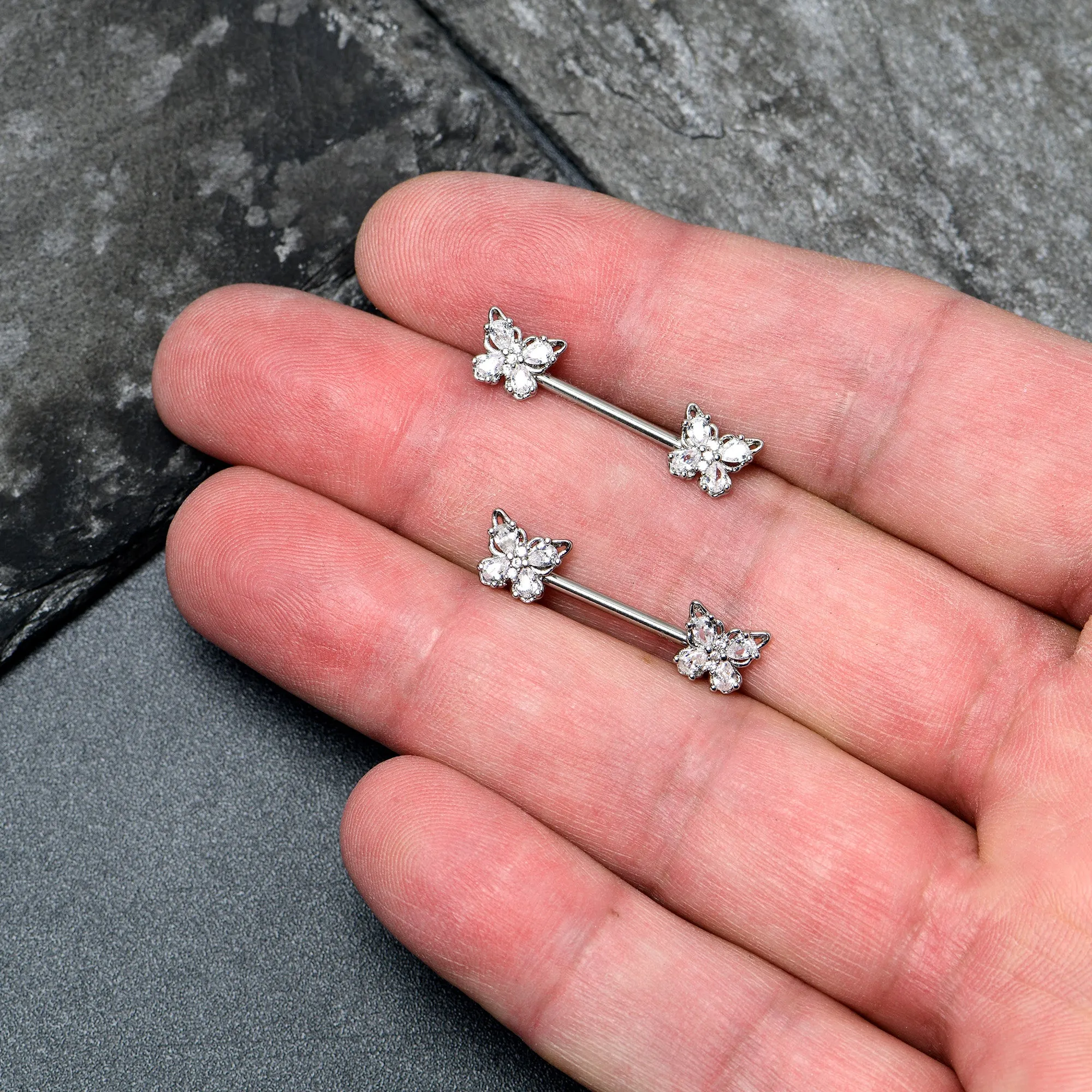 14 Gauge 9/16 Clear Gem Baroque Beauty Butterfly Barbell Nipple Ring Set
