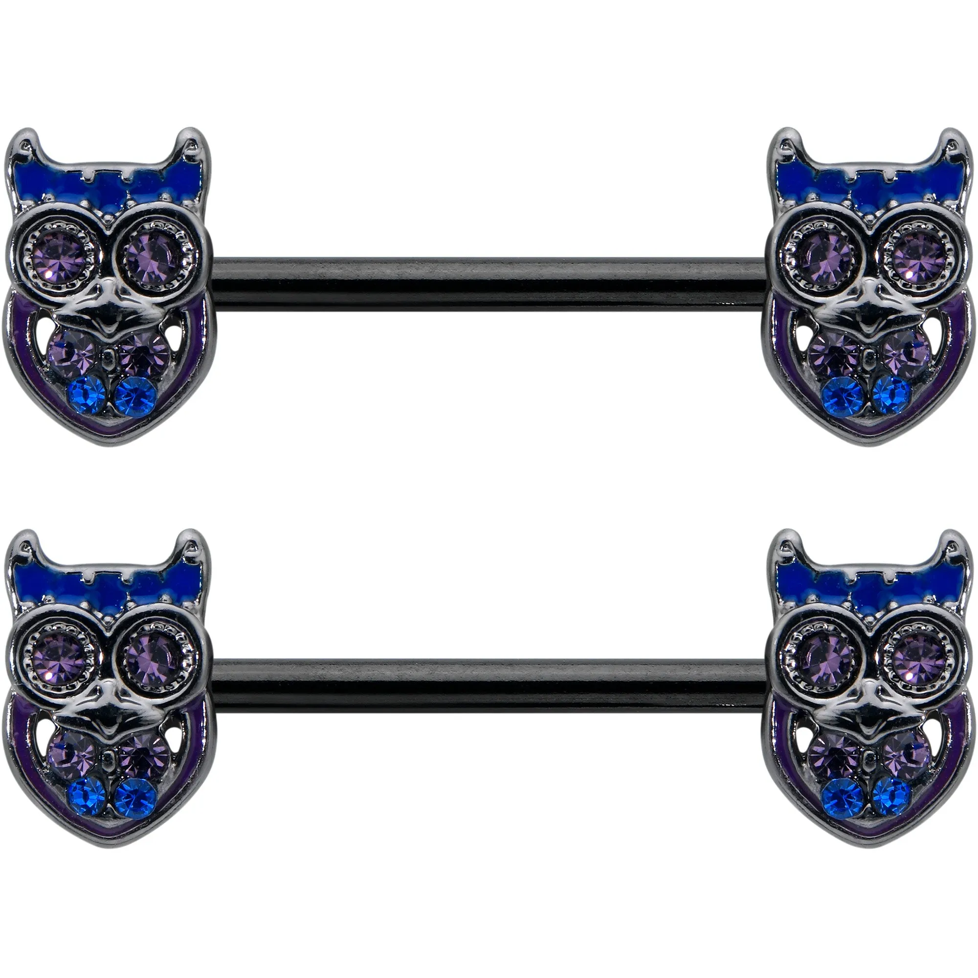 14 Gauge 9/16 Purple Blue Gem Black Opulent Owl Barbell Nipple Ring Set