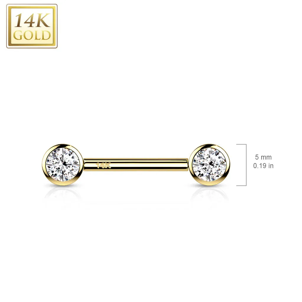 14 Karat Solid Gold Nipple Ring Barbell 14 Gauge & Threadless Round CZ