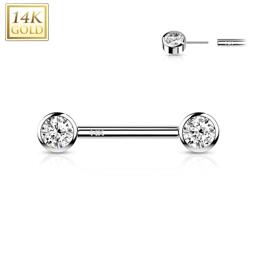 14 Karat Solid Gold Nipple Ring Barbell 14 Gauge & Threadless Round CZ