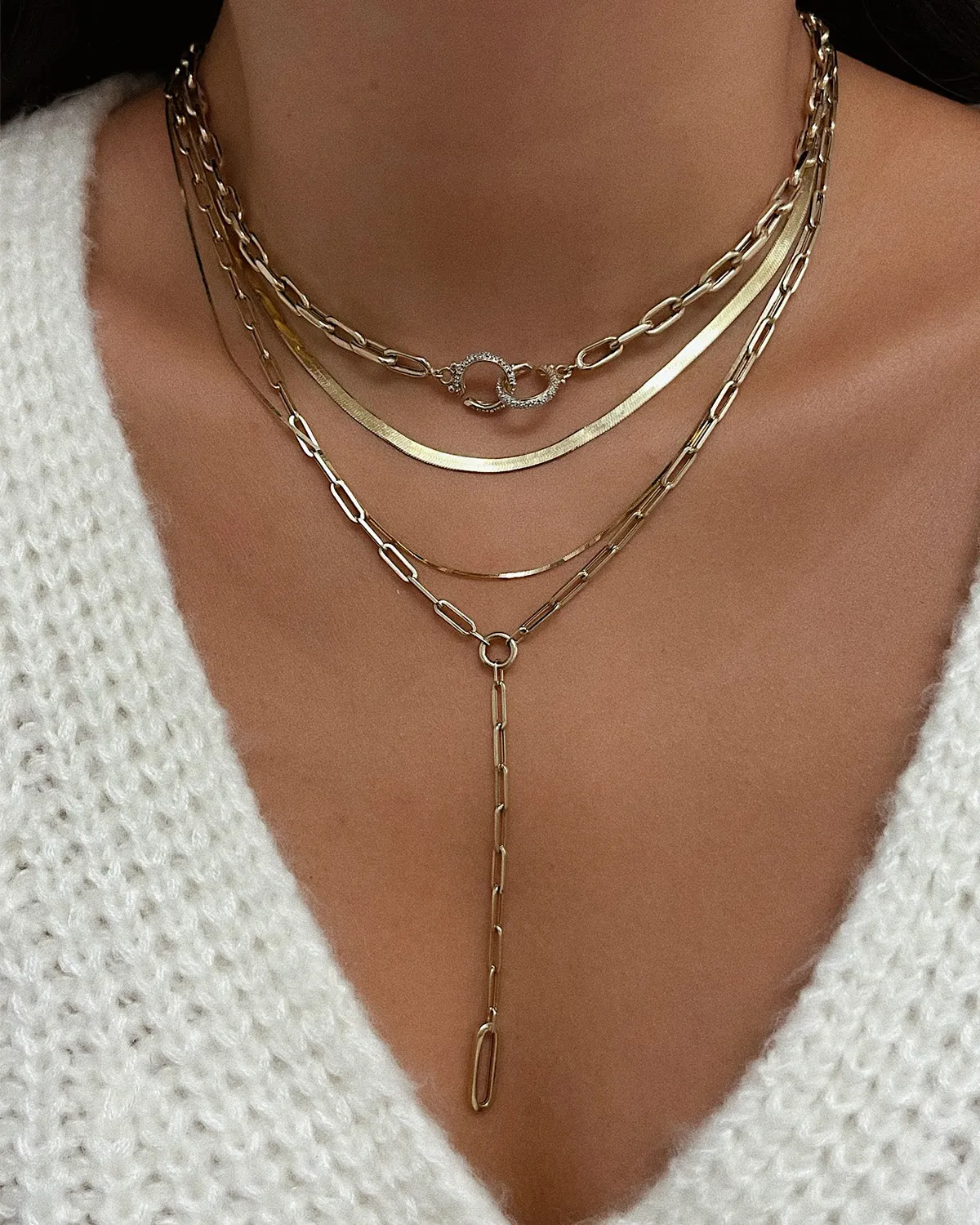 14k Gold Large Open Link Chain with Diamond Handcuffs Necklace