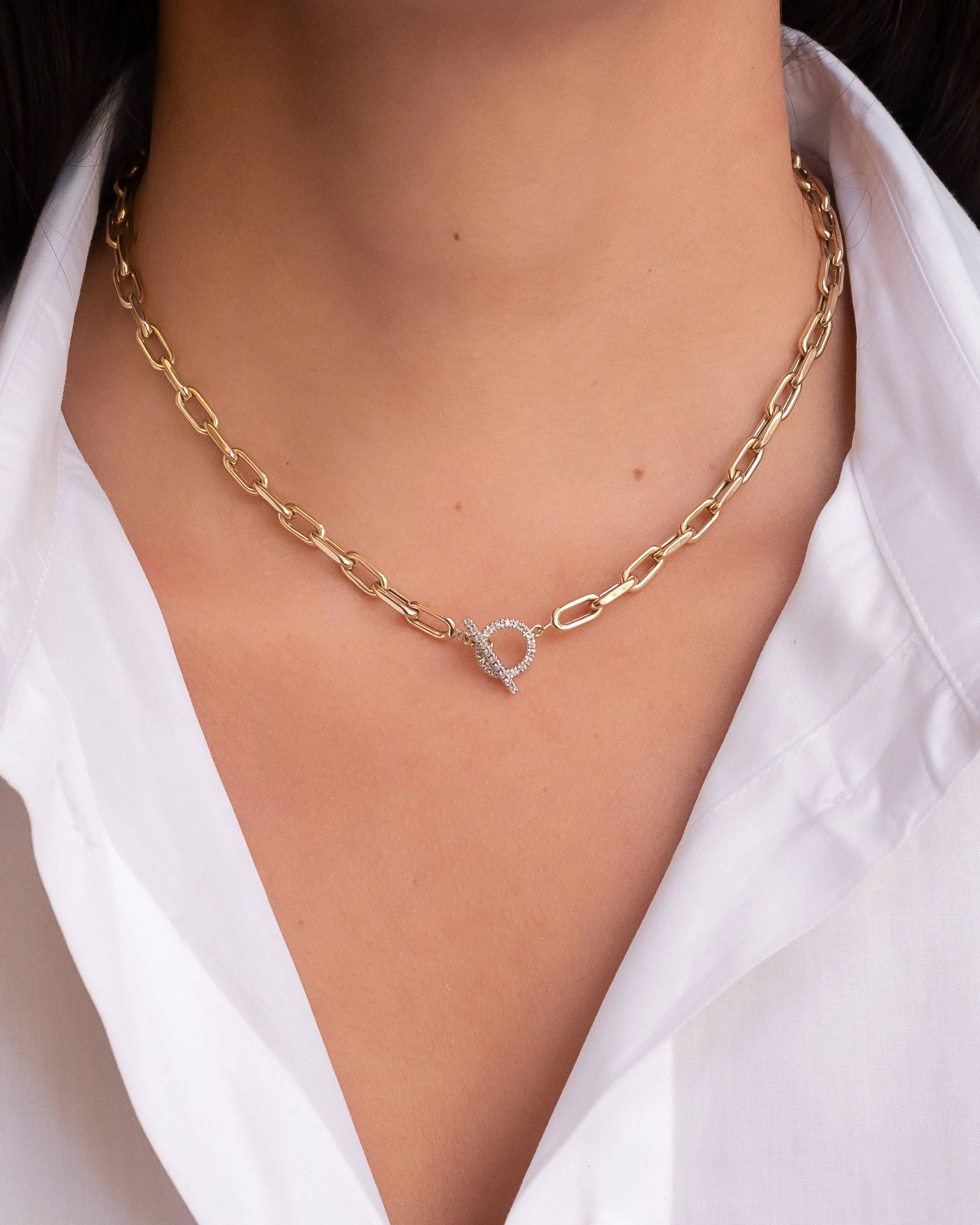 14k Gold Large Open Link Chain with Diamond Toggle Necklace