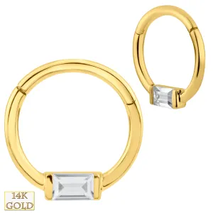 14k Solid Gold Baguette Zircon Hinged Hoop