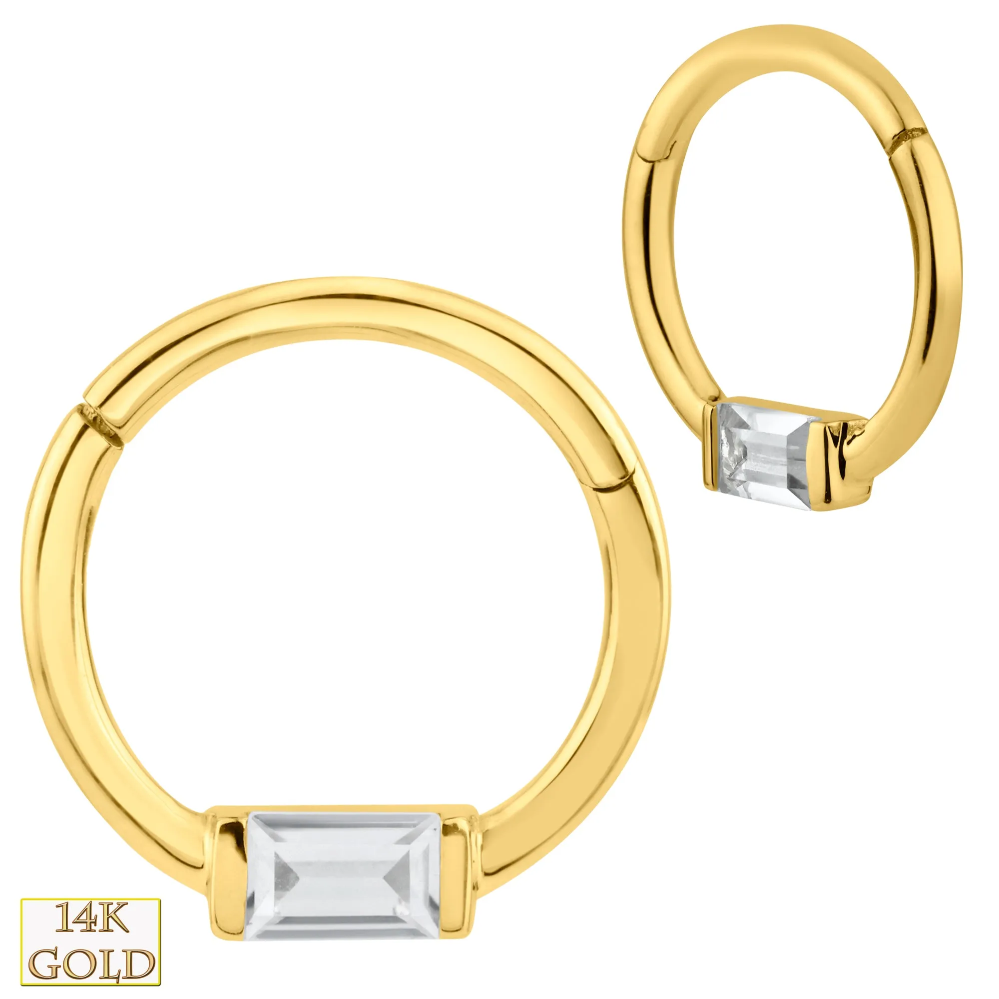 14k Solid Gold Baguette Zircon Hinged Hoop