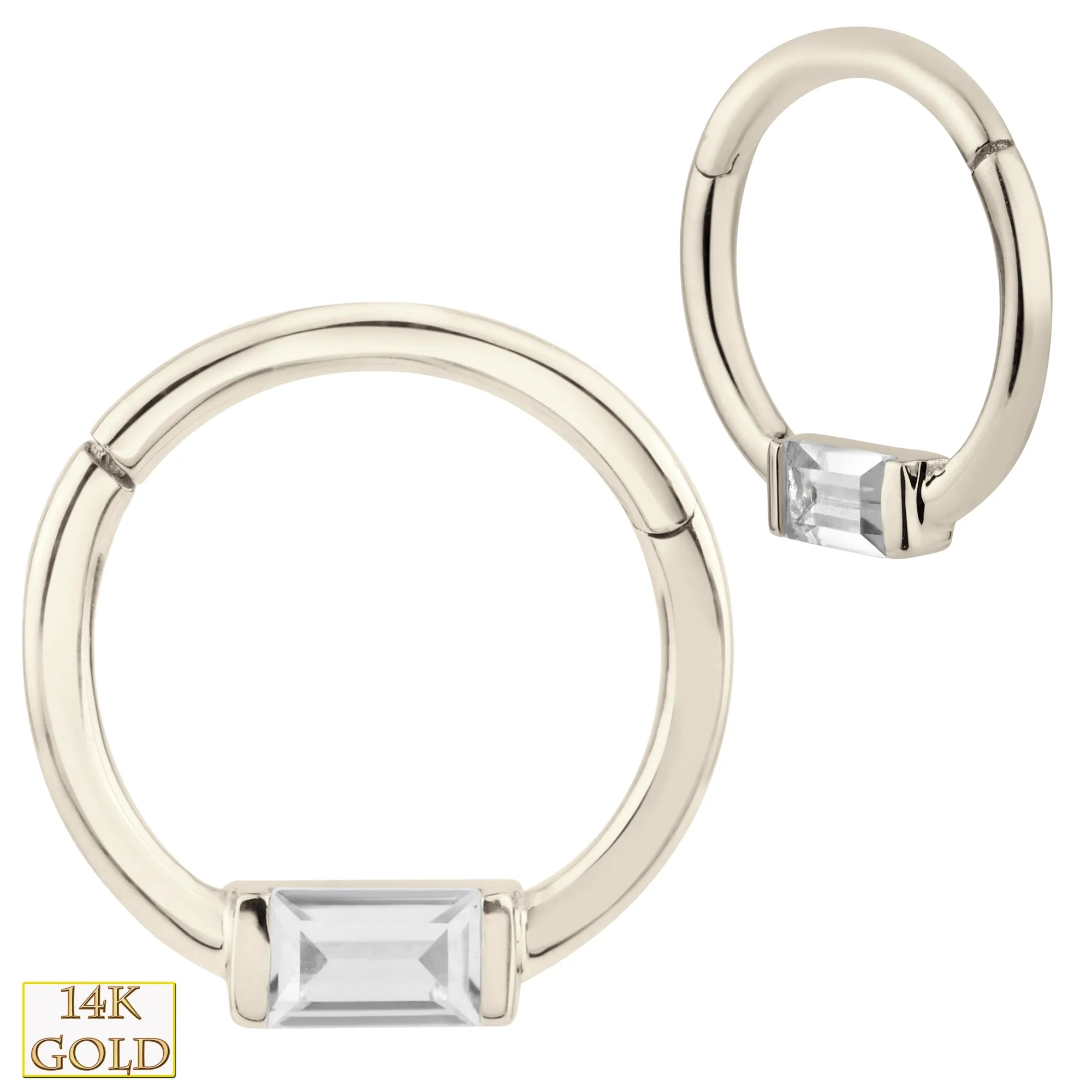 14k Solid Gold Baguette Zircon Hinged Hoop