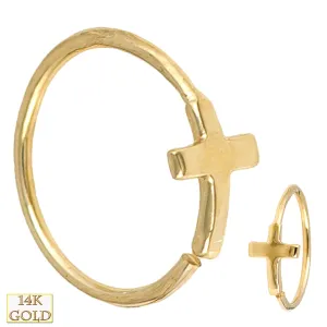 14k Solid Gold Cross Design Hoops Piercing Twist to Open