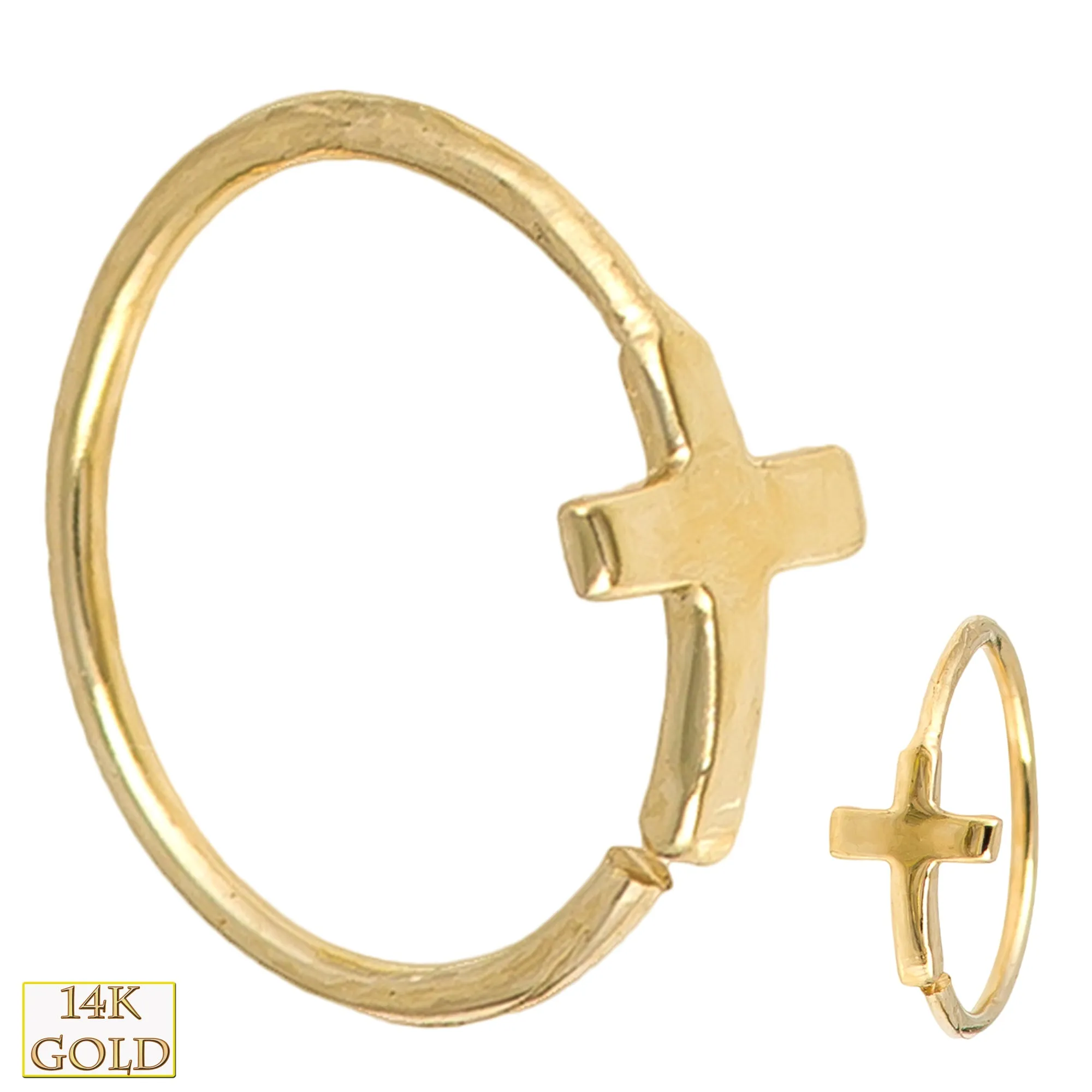14k Solid Gold Cross Design Hoops Piercing Twist to Open