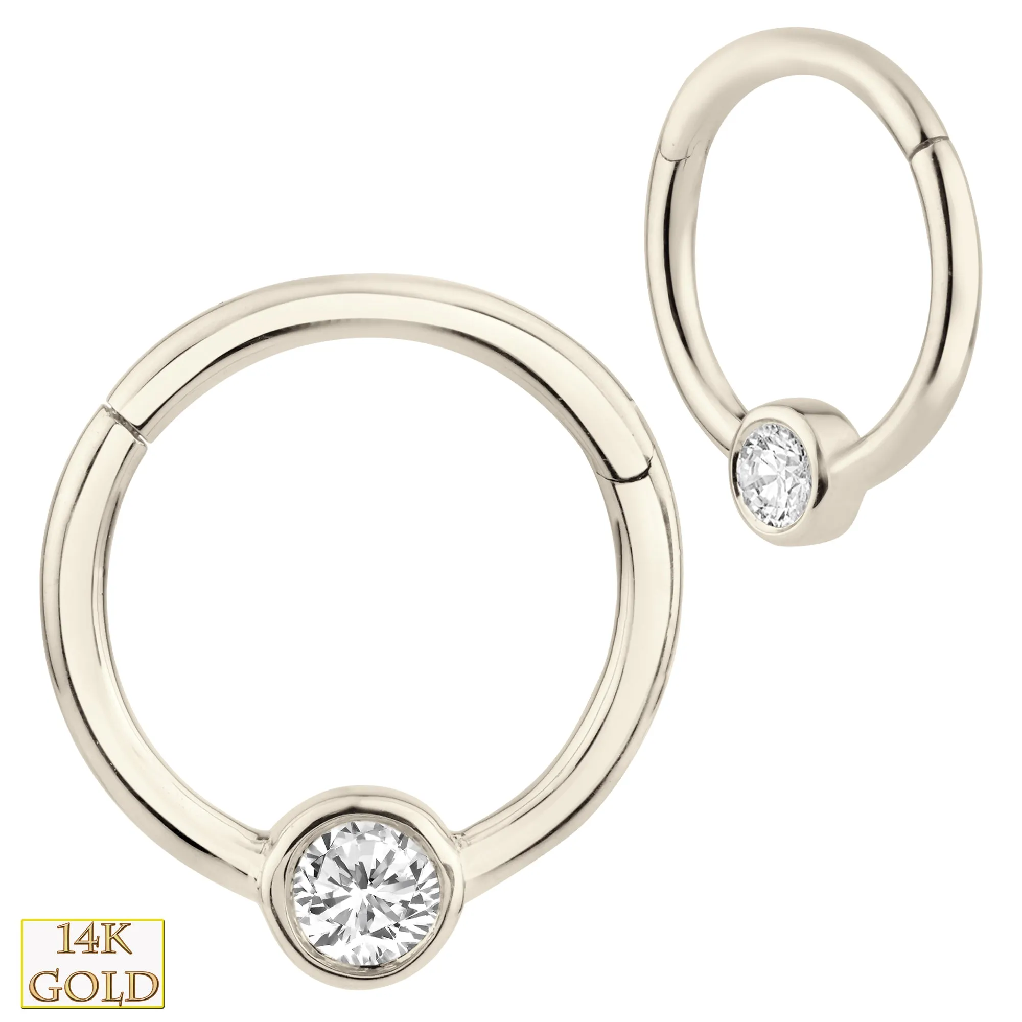 14k Solid Gold Cubic Zirconia Bezel Setting Hinged Hoop
