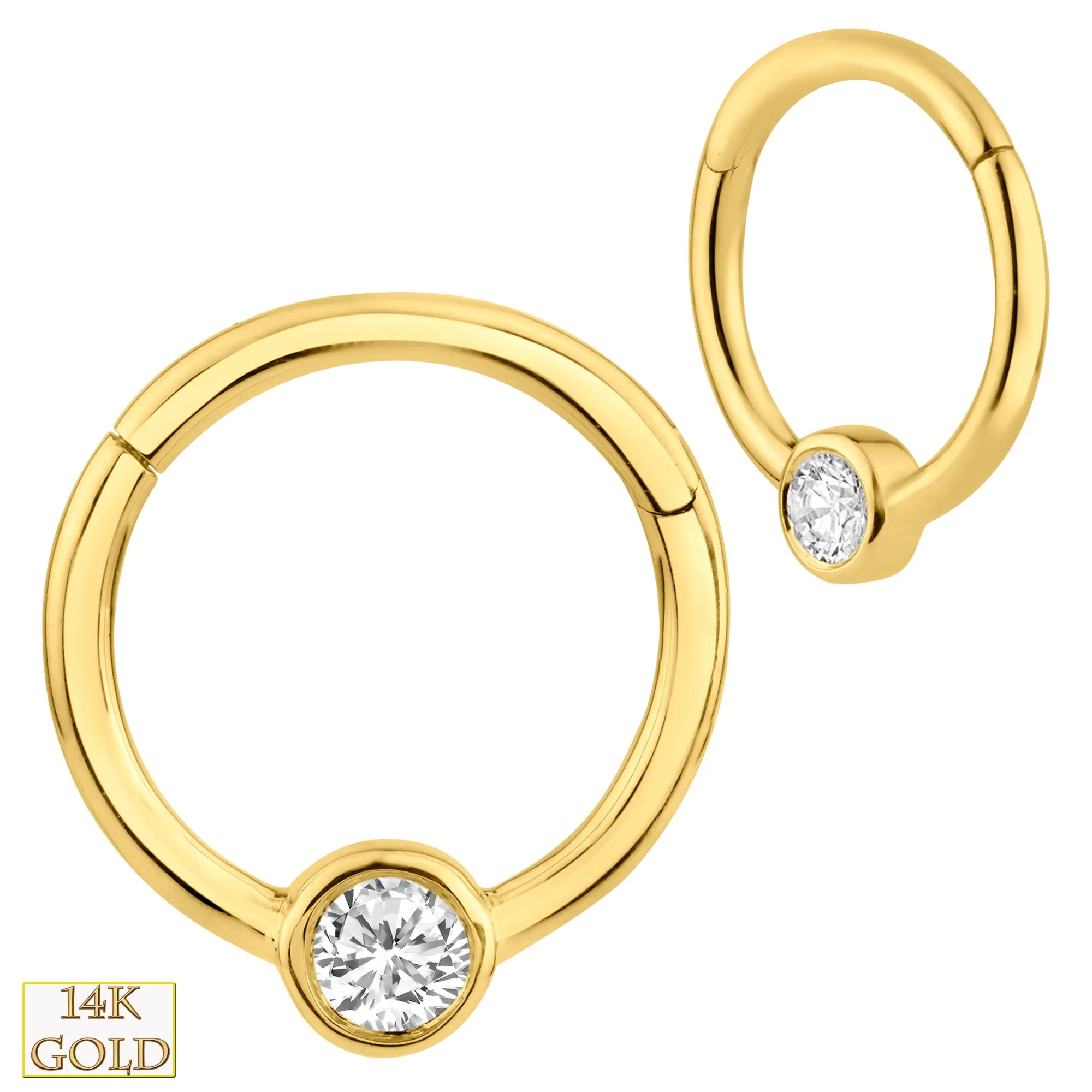 14k Solid Gold Cubic Zirconia Bezel Setting Hinged Hoop