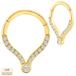 14k Solid Gold Pear Shaped Hinged Hoops with Multi Zircon