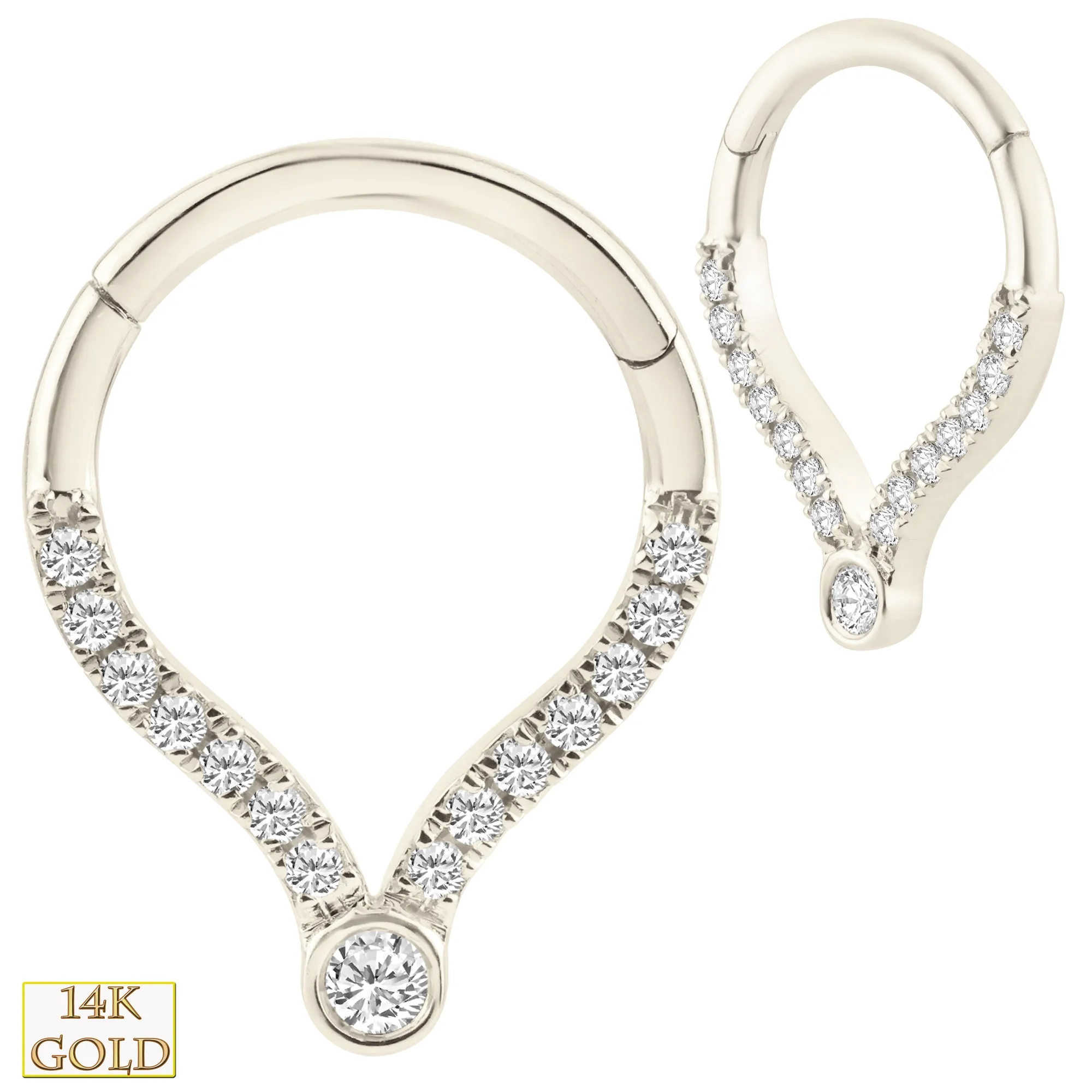 14k Solid Gold Pear Shaped Hinged Hoops with Multi Zircon