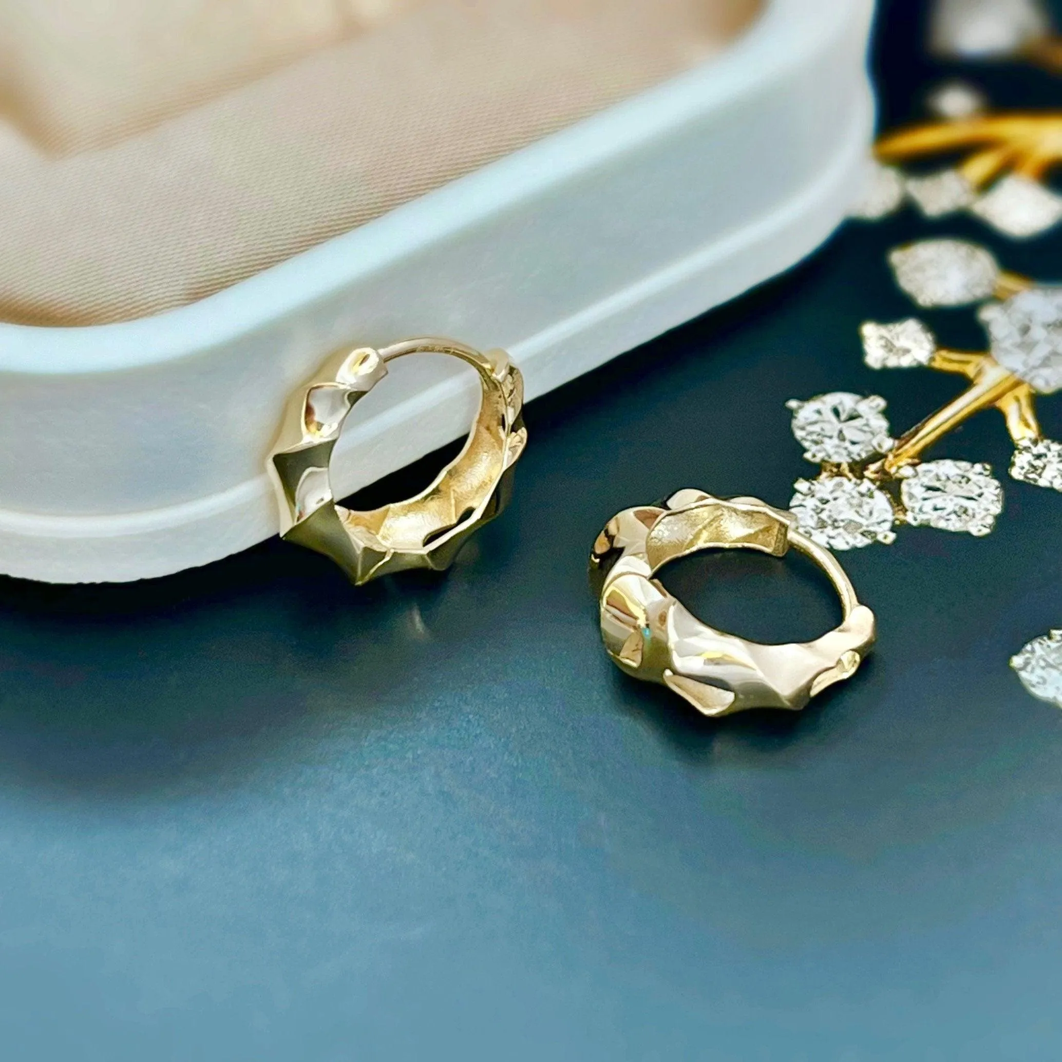 14k Solid Gold Twisted Croissant Huggie Hoop Earrings