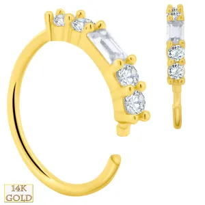 14K Solid Yellow Gold Baguette & Round Shaped GH/VS1 Natural Diamonds Hoop Piercing