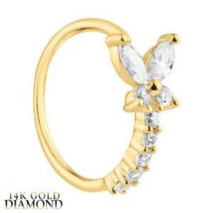 14K Solid Yellow Gold Butterfly Design with Diamonds Drop Nose Hoop