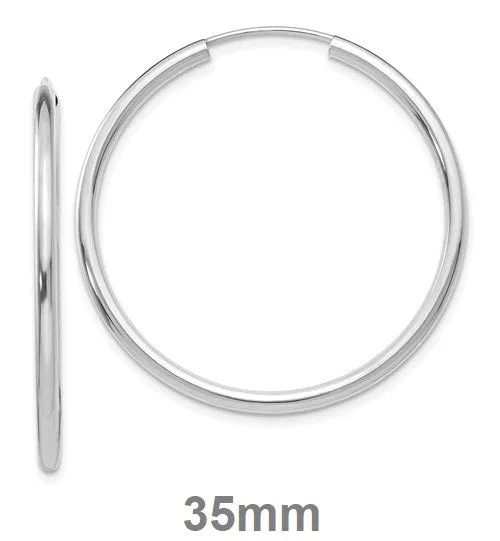 14k White Gold Endless Hoop Earrings (2mm), All Sizes