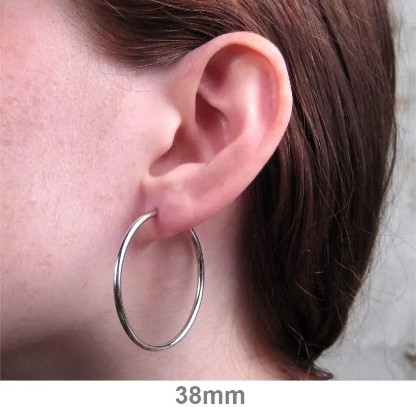 14k White Gold Endless Hoop Earrings (2mm), All Sizes