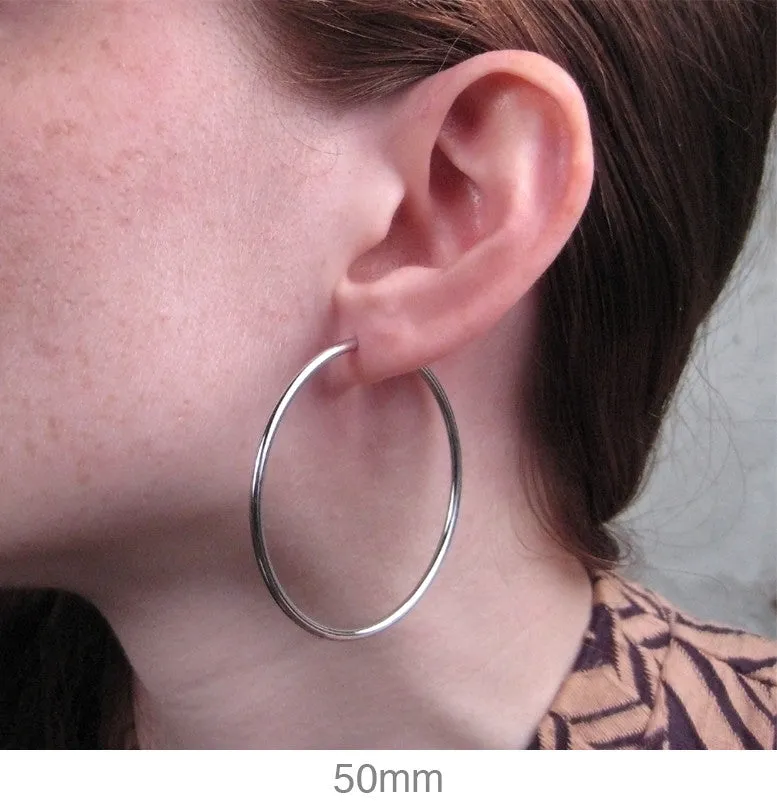 14k White Gold Endless Hoop Earrings (2mm), All Sizes