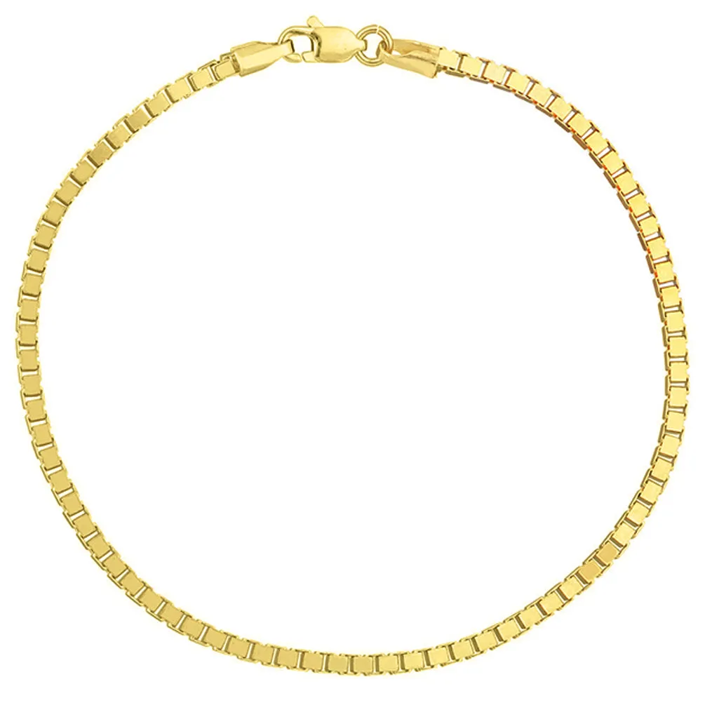 14K Yellow Gold 2mm Box Chain Bracelet with Lobster Lock, 7.25"