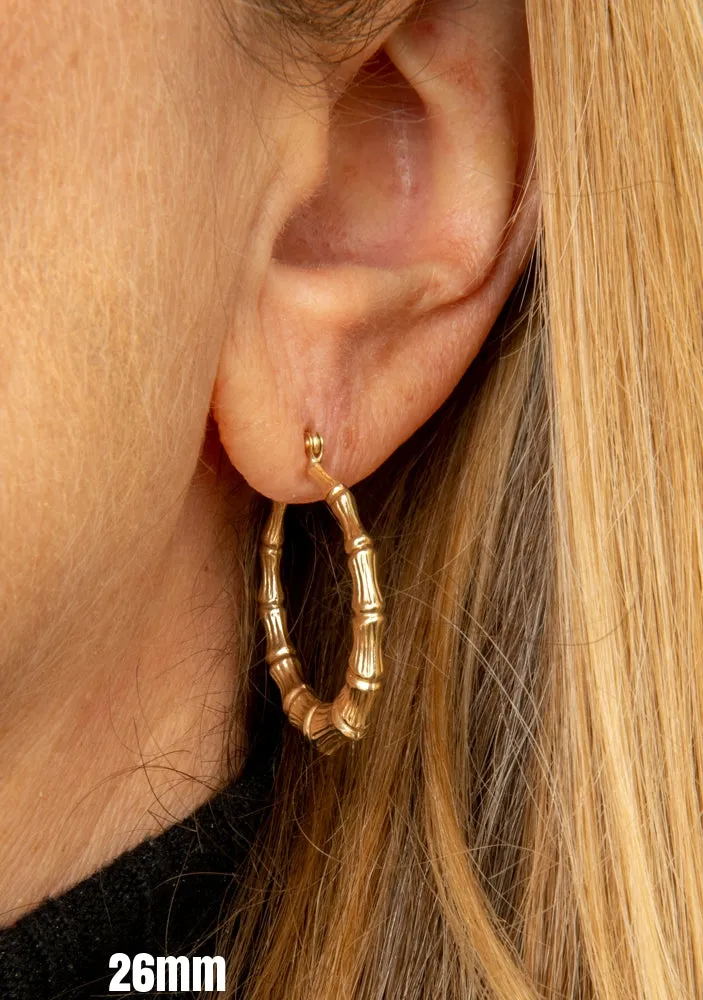 14k Yellow Gold Bamboo Hoop Earrings, All Sizes