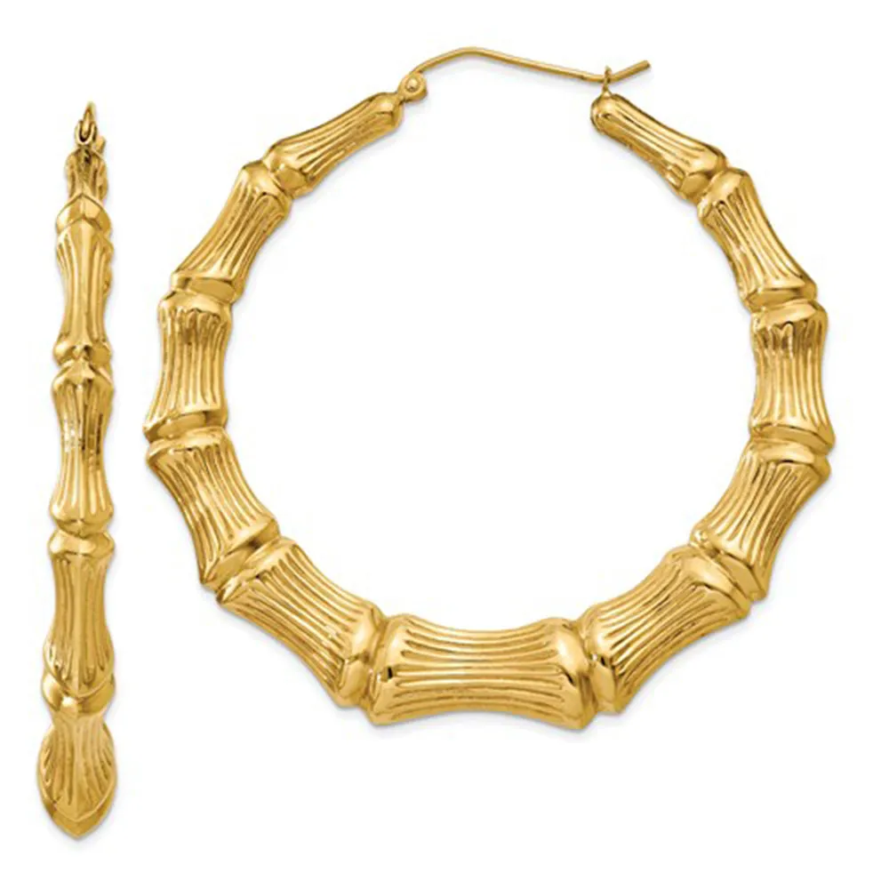 14k Yellow Gold Bamboo Hoop Earrings, All Sizes
