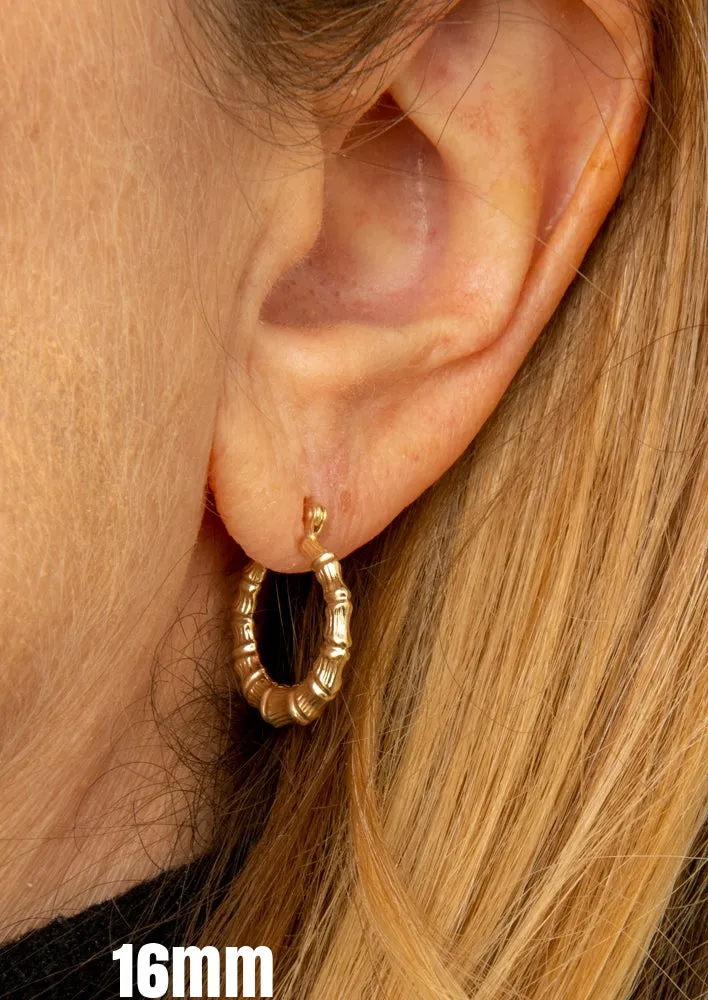 14k Yellow Gold Bamboo Hoop Earrings, All Sizes