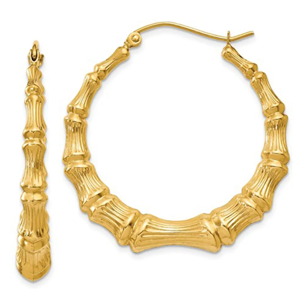 14k Yellow Gold Bamboo Hoop Earrings, All Sizes