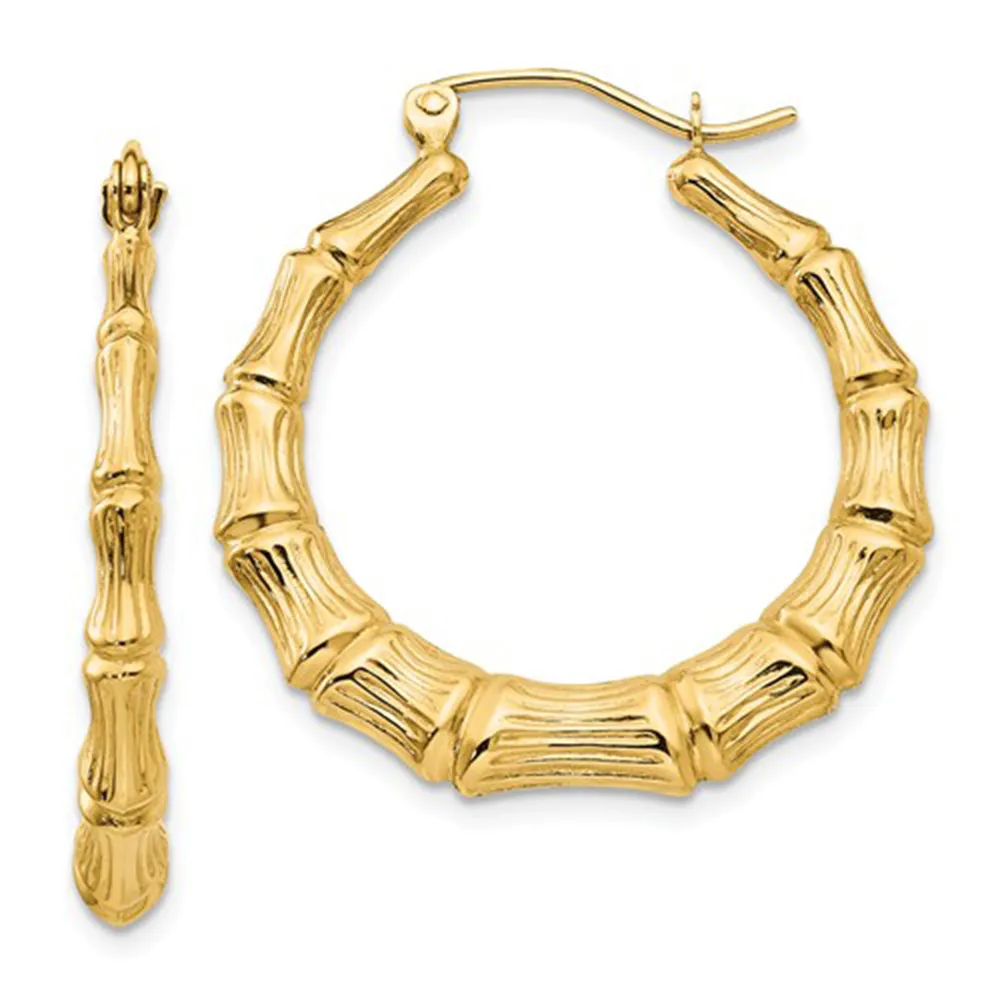 14k Yellow Gold Bamboo Hoop Earrings, All Sizes