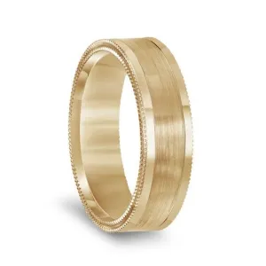 14k Yellow Gold Double Milgrain Polished Edges Men’s Wedding Band with Brushed Center - 6.5mm