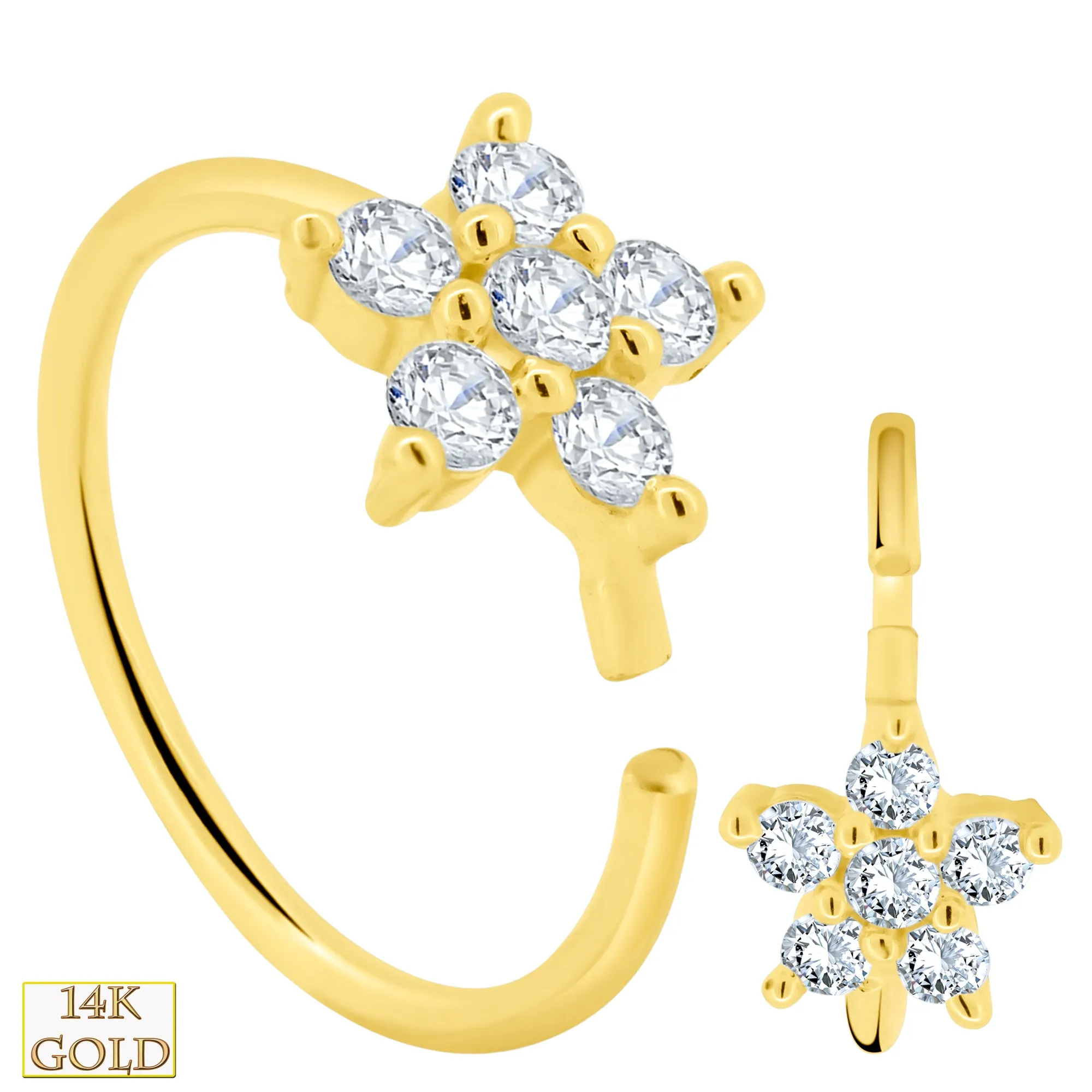14k Yellow Gold GH/SI1 Natural Diamonds Five Petal Star Shaped Flower Nose Hoop Piercing