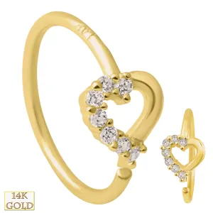 14k Yellow Gold Hollow Heart GH/SI1 Natural Diamond Half Around Hoop Piercing Ring