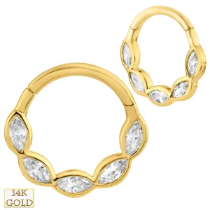 14k Yellow Gold Marquise Cubic Zirconia Bezel Setting Hinged Hoops