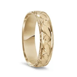14K Yellow Gold Satin Finished Ring with Polished Grooved Pattern & Beveled Edges - 6mm
