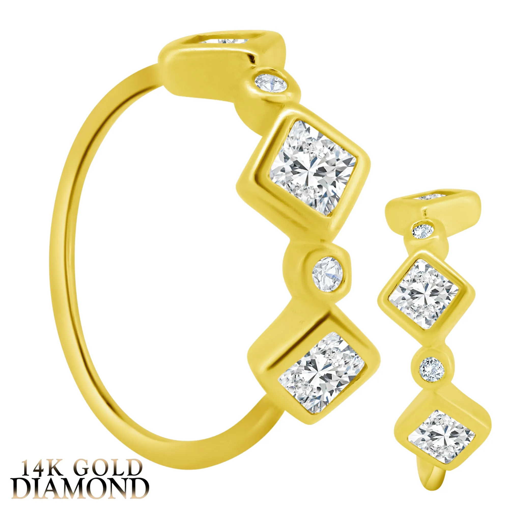 14k Yellow Gold Square & Round GH/SI1 Natural Diamonds Alternating Bezel Setting Hoop Piercing Ring