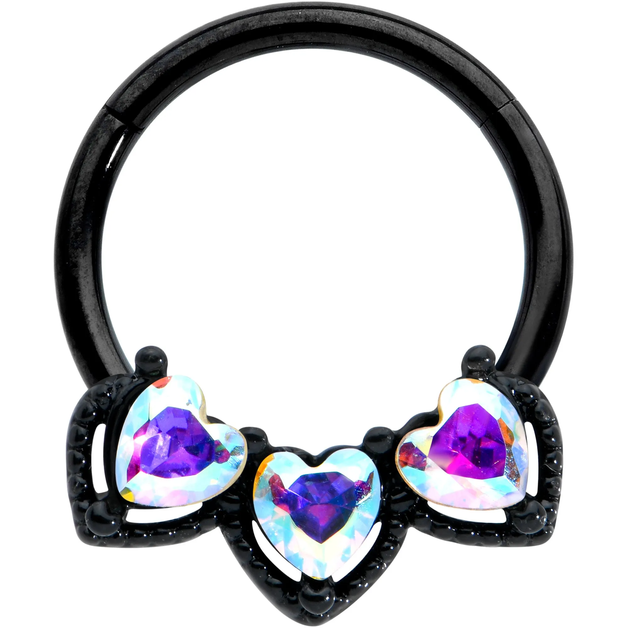16 Gauge 3/8 Aurora Gem Black Rococo Trio Heart Hinged Segment Ring