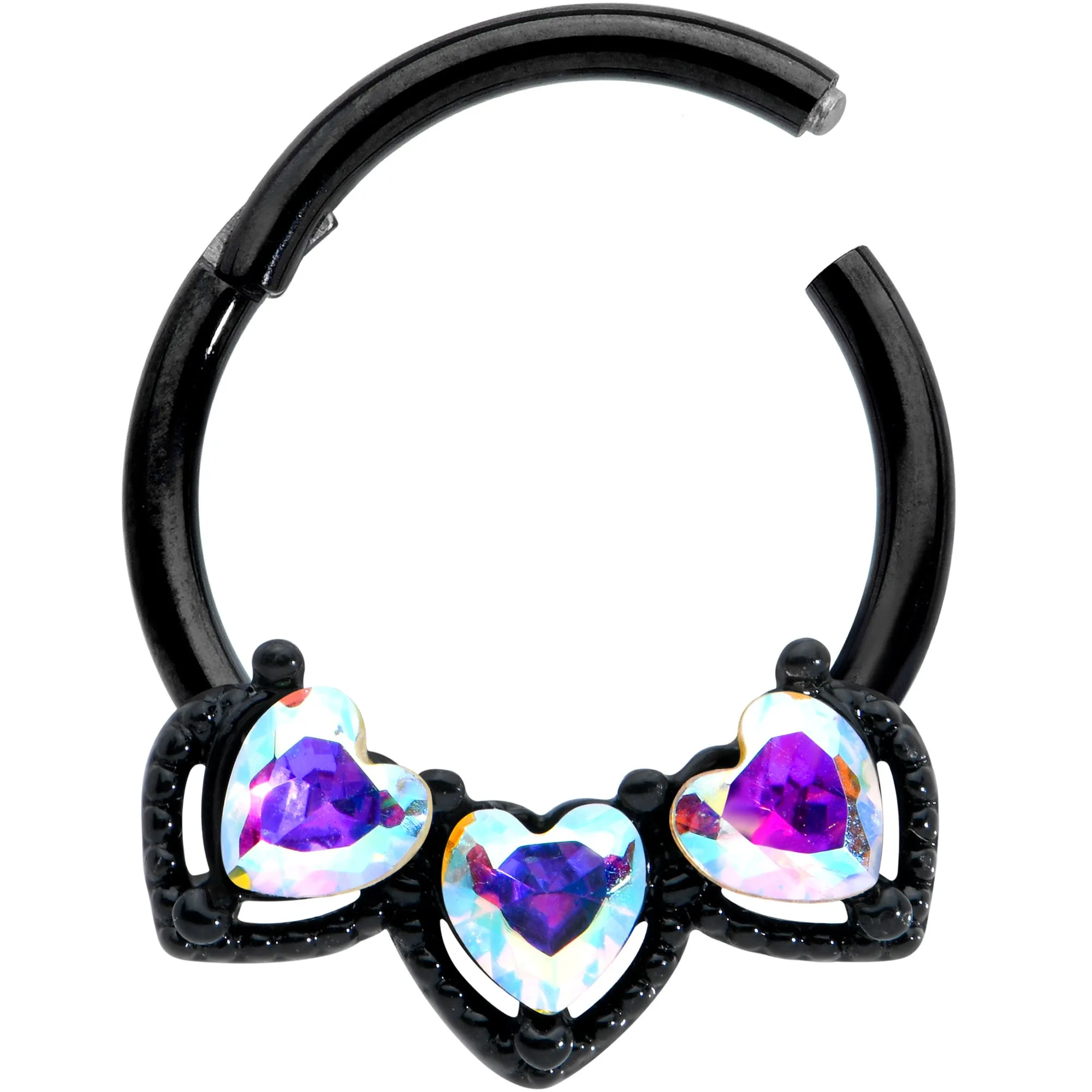 16 Gauge 3/8 Aurora Gem Black Rococo Trio Heart Hinged Segment Ring