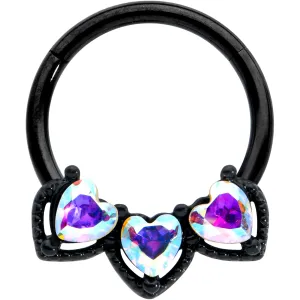 16 Gauge 3/8 Aurora Gem Black Rococo Trio Heart Hinged Segment Ring