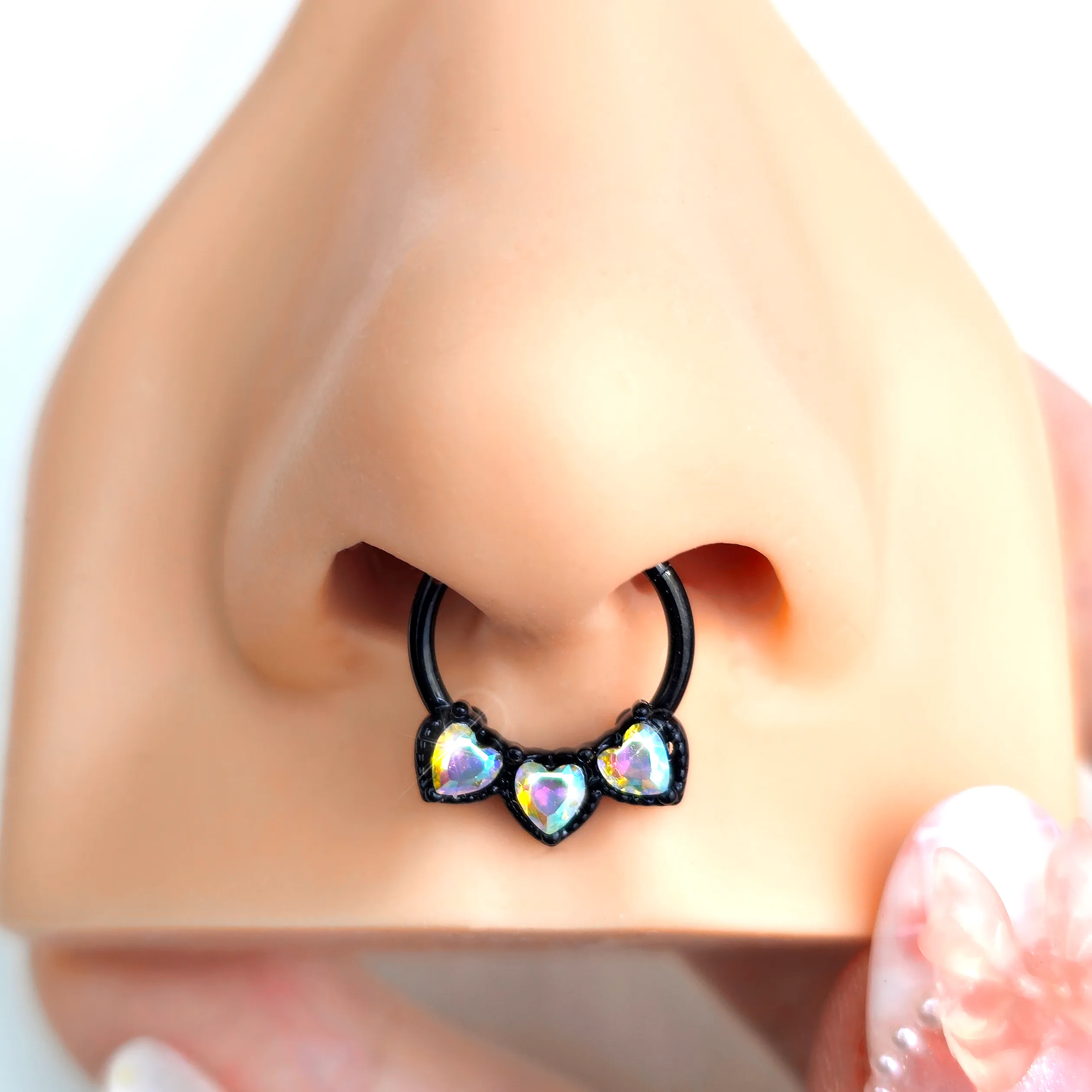 16 Gauge 3/8 Aurora Gem Black Rococo Trio Heart Hinged Segment Ring