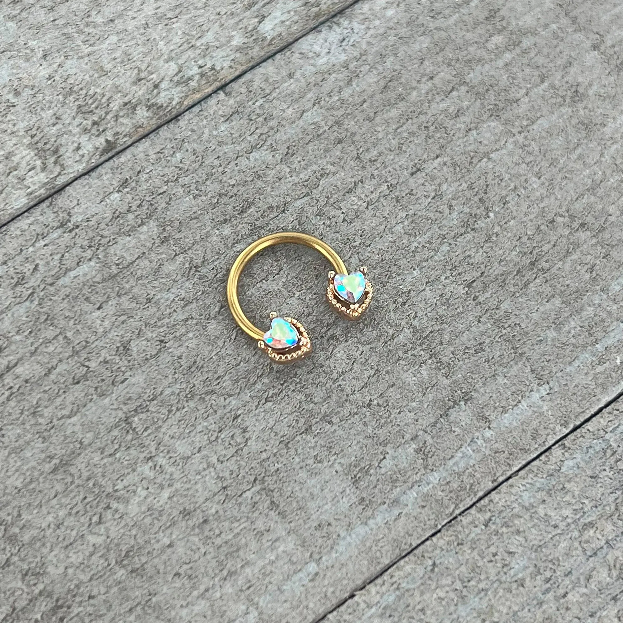 16 Gauge 3/8 Aurora Gem Gold Tone Duo Heart Horseshoe Circular Barbell