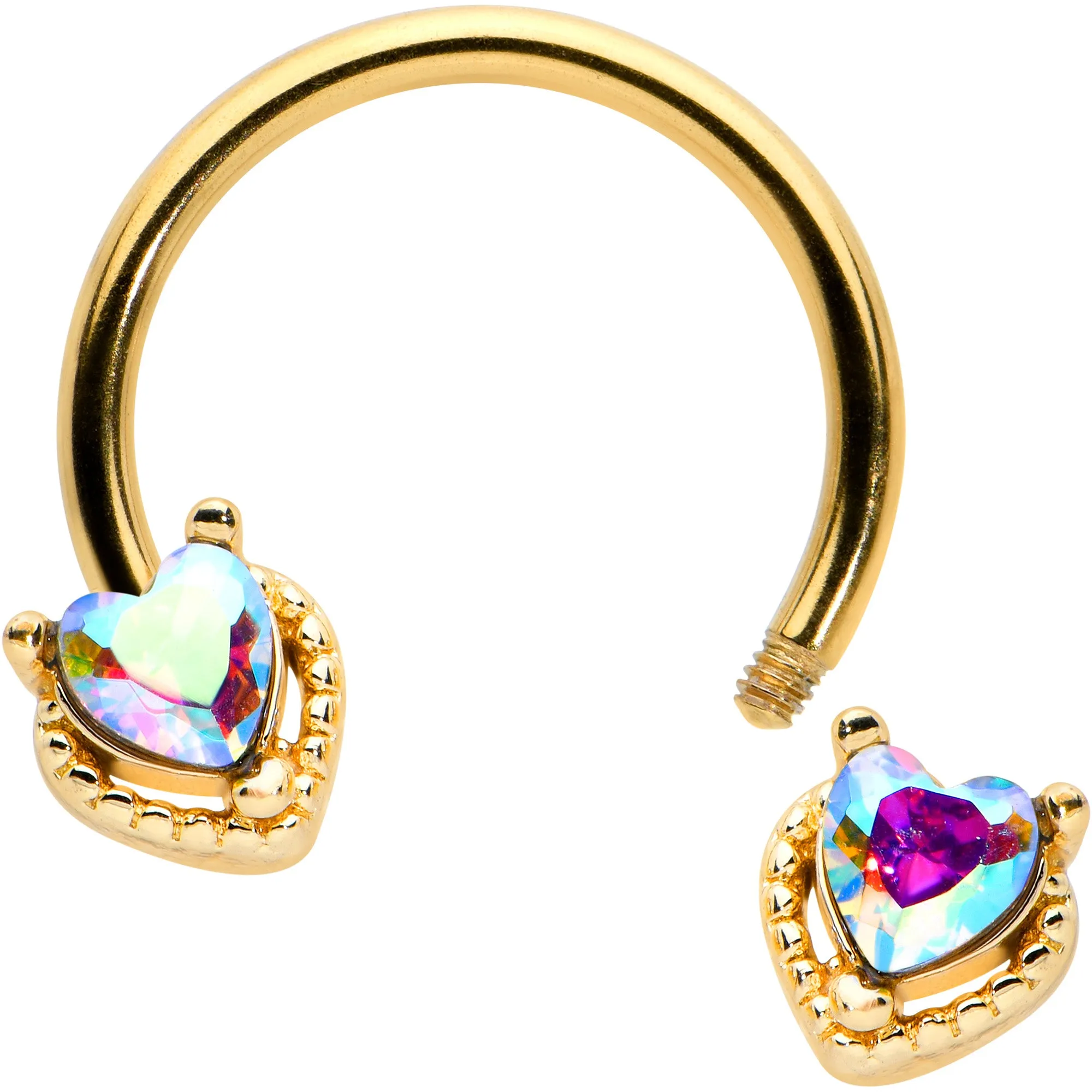 16 Gauge 3/8 Aurora Gem Gold Tone Duo Heart Horseshoe Circular Barbell