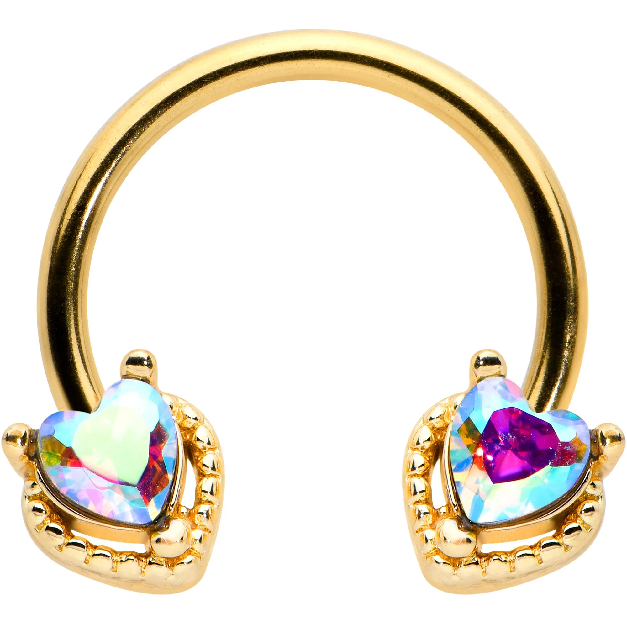 16 Gauge 3/8 Aurora Gem Gold Tone Duo Heart Horseshoe Circular Barbell