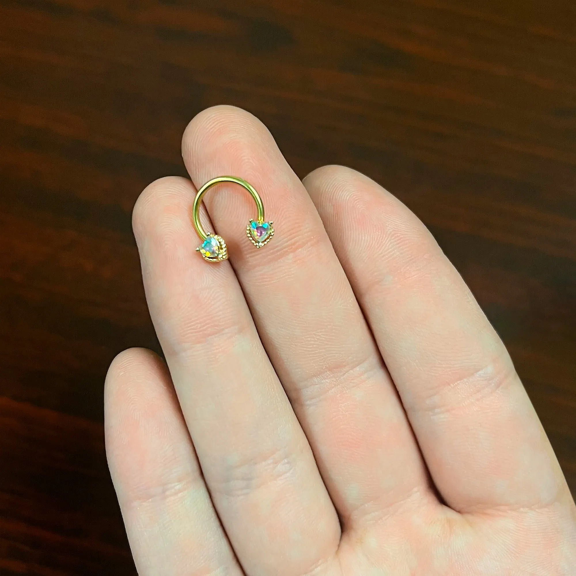 16 Gauge 3/8 Aurora Gem Gold Tone Duo Heart Horseshoe Circular Barbell
