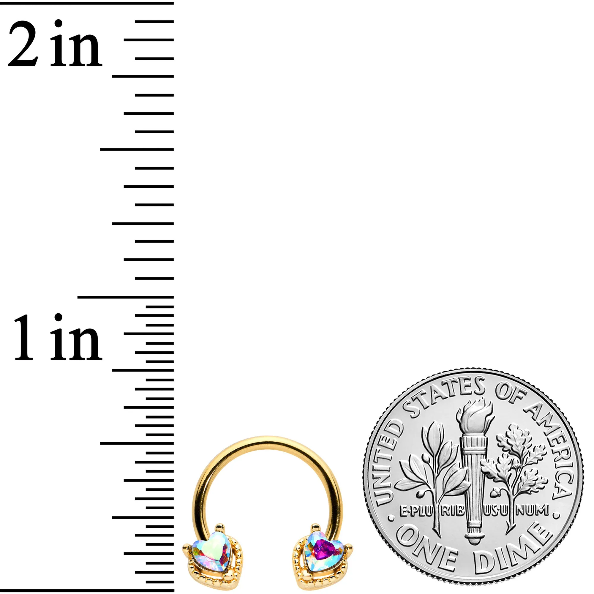 16 Gauge 3/8 Aurora Gem Gold Tone Duo Heart Horseshoe Circular Barbell