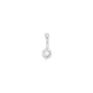 16 Gauge Solid 14kt White Gold Zirconia Opal Heart Belly Ring